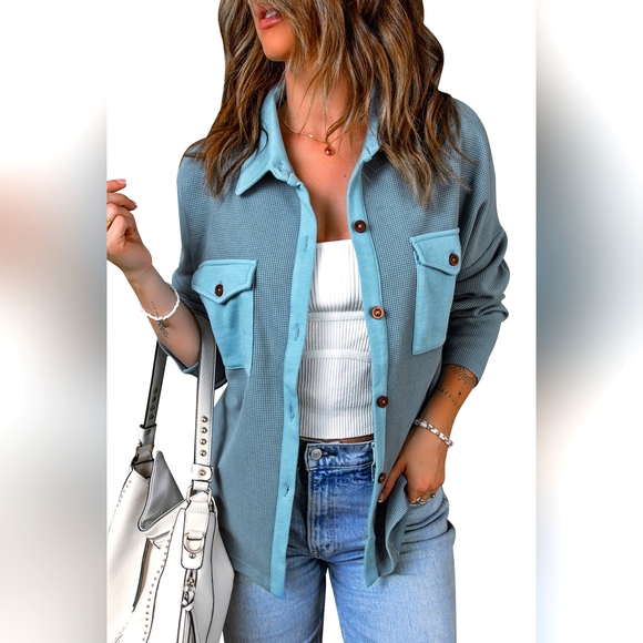 Double Take Tops - Double Take Designer Blue Sky Waffle-Knit Shacket with Pockets